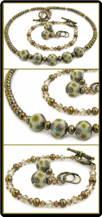 Bronzed Olive Pearl and Lampwork Bead Necklace