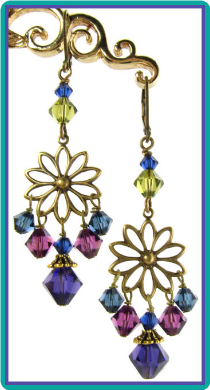 Brass Daisy Chandelier Earrings with Purple and Blue Crystals