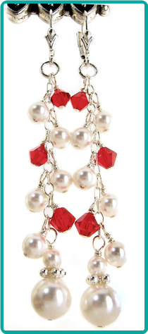 White Pearl and Red Crystal Cluster Earrings