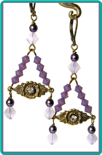 Lavender Opal and Rhinestone Brass Earrings