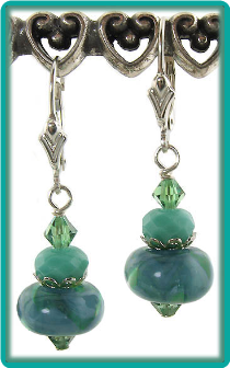 Blue Green and Turquoise Lampwork and Crystal Earrings