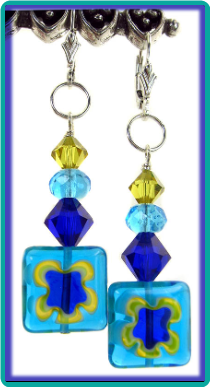 Aqua & Cobalt Millefiori Square Earrings