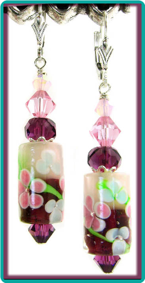 Amethyst and Pink Flower Barrel  Earrings