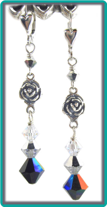 Silver Rose and Jet Crystal Earrings