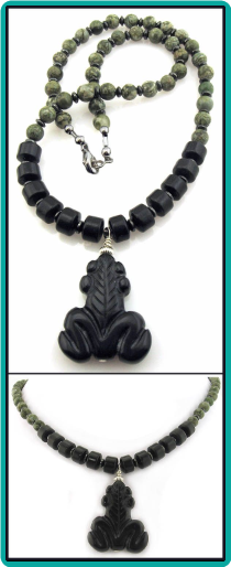 Onyx Frog and Rhyolite Men's Bead Necklace