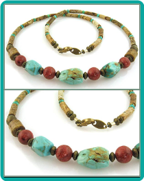 Turquoise Nugget, Sponge Coral and Picture Jasper Men's Bead Necklace