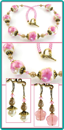 Pink Roses Ceramic Beads Handmade Necklace Set