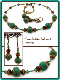 Green Tortoise Handmade Lampwork Bead Necklace & Earrings