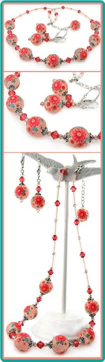 Coral Pink Tensha Flower Bead Necklace and Earrings