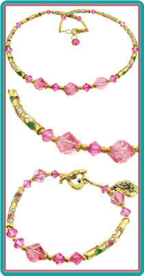 Rose Crystal, Gold Cloisonne Necklace & Bracelet