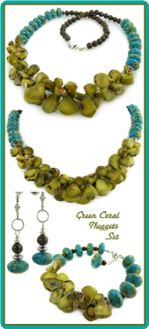 Green Coral Nuggets and Turquoise Magnesite Necklace Set