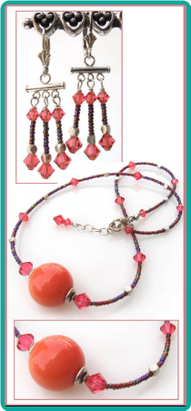 Coral Shell Pearl and Crystal Necklace