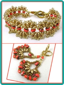 Gold and Coral "Bollywood" Fan Bracelet and Earrings