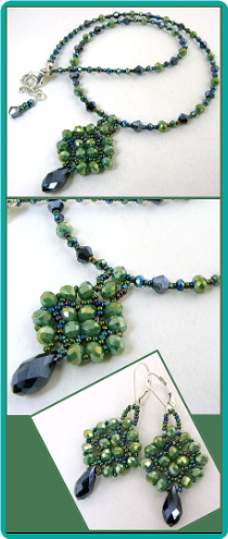 Peacock Green and Indigo Crystal Medallion Necklace and Earrings