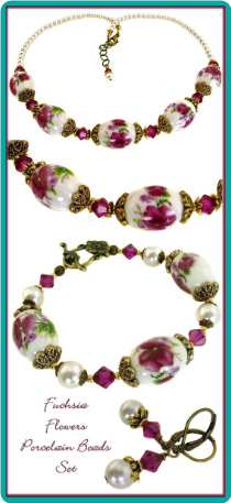 Fuchsia Flowers Porcelain Bead Necklace with Crystals and Pearls