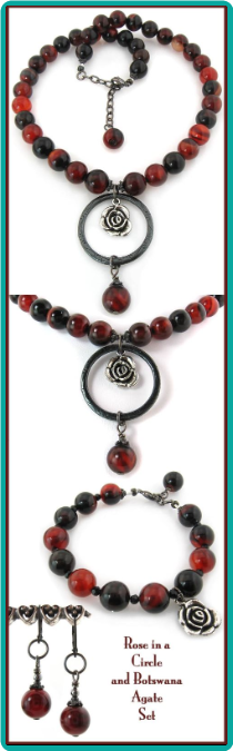 Rose in a Circle Botswana Agate Necklace Set