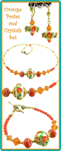 Orange Posies and Crystals Necklace Set