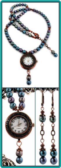 Copper Watch Necklace with Peacock Blue Pearls