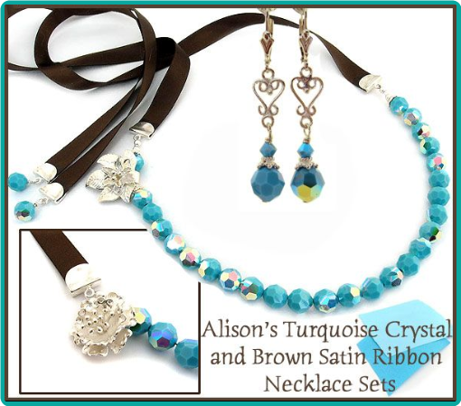 The turquoise Swarovski crystals and brown satin ribbon ties were used to make jewelry perfectly-matched to the bridesmaids' dresses.