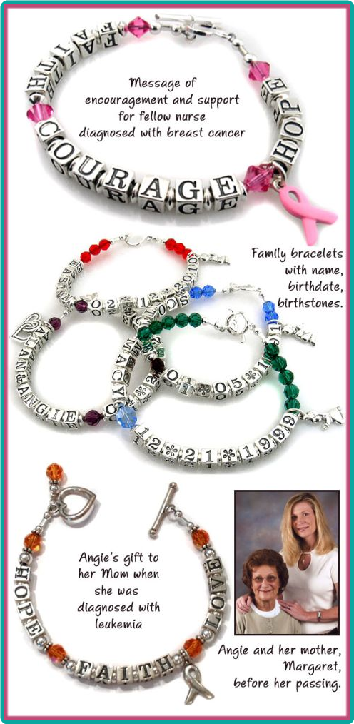 These are custom-designed family bracelets and message bracelets reading "Faith, Courage, Love", spelled out with sterling silver letter cubes.