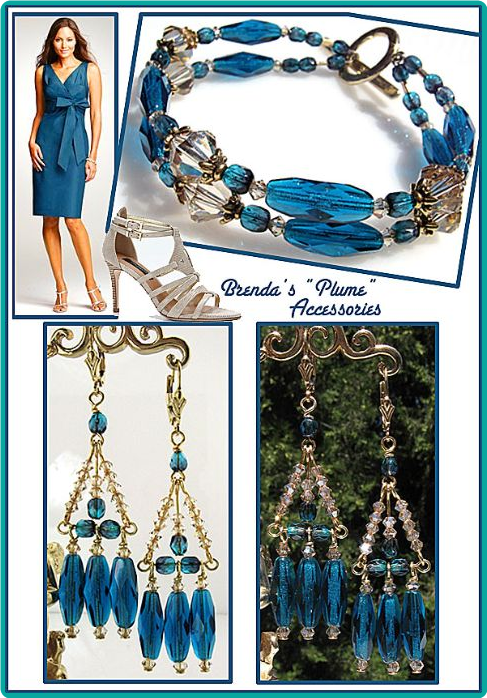Custom capri blue and champagne bracelet and chandelier earrings, made to math the "plume" color dress perfectly