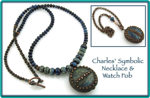 Custom designed men's necklace of blue sodalite stones and copper