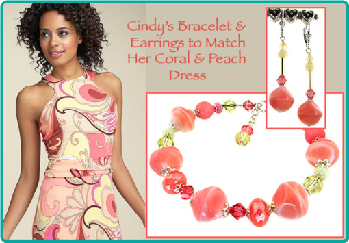 Coral, peach and lemon custom designed beaded bracelet and earrings