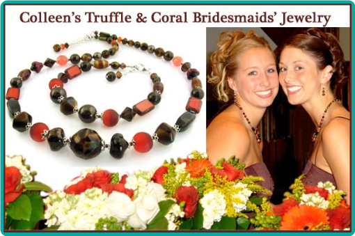 Truffle brown and rich orange beads were used in these custom necklace and bracelet sets for an autumn wedding