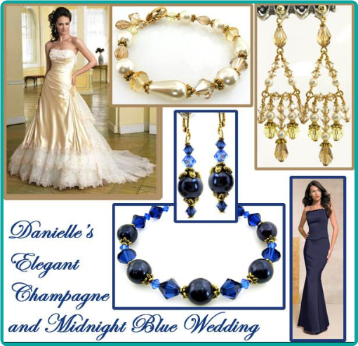 Champagne crystals and midnight blue pearls were used for bracelets and chandelier earrings for the bride and bridesmaids.