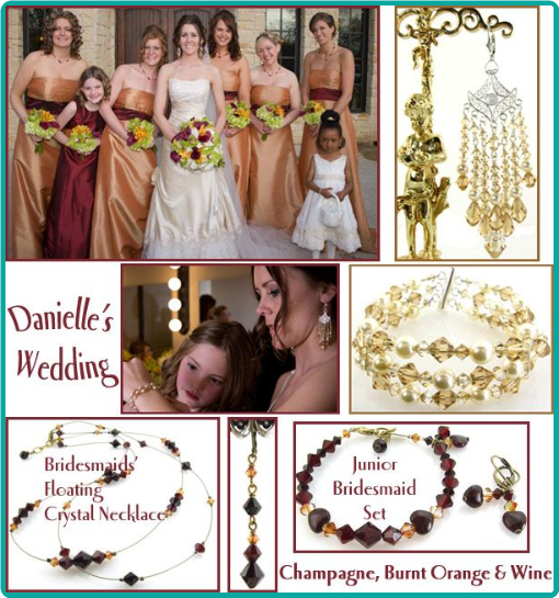 Custom made champagne and wine jewelry for the bride and bridesmaids ... stunning chandelier earrings and three-strand bracelet
