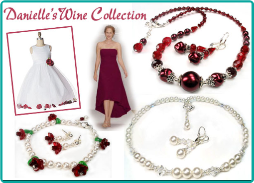 Custom wine jewelry for the bridesmaids and an adorable white pearl and wine flower bracelet for the flower girl.