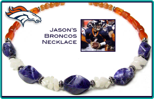 Custom designed Denver Broncos necklace made of natural stones in orange, blue and white