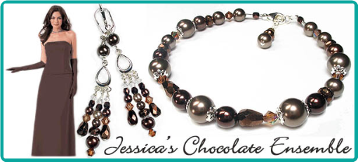 Custom bridesmaid bracelets and chandelier earrings in chocolate brown and topaz beads.