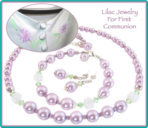Lilac pearl communion jewelry to match a little girl's communion dress.