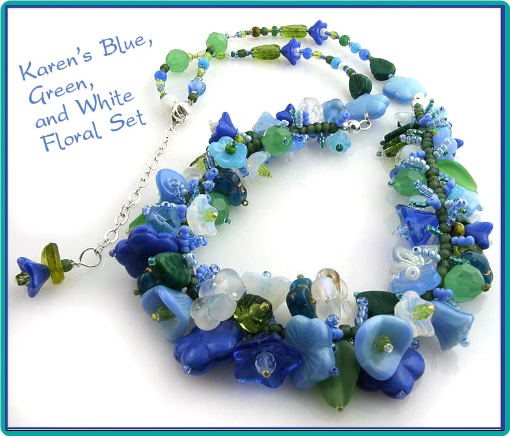 A custom designed floral necklace made with a multitude of blue, green and white flowers.