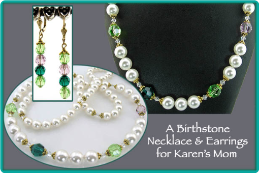 Pearl and peridot custom made birthstone necklace and earrings