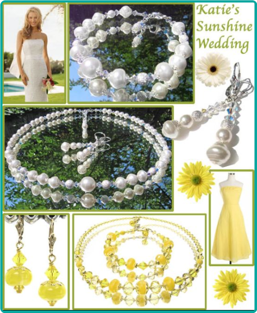 Custom sunshine yellow lampwork and crystal jewelry for the bridesmaids, and pearl and crystal jewelry for the bride.