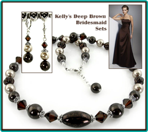 Deep chocolate brown and bronze beads with sterling silver, made these custom necklaces an elegant complement to the bridesmaids' dresses.