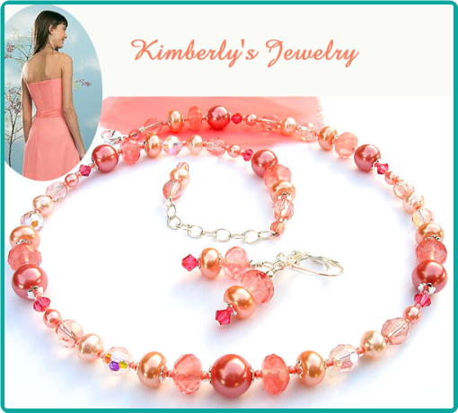 Custom bridesmaid jewelry of pearls, crystals and cherry quartz were made to match the dress fabric of soft coral pink chiffon.