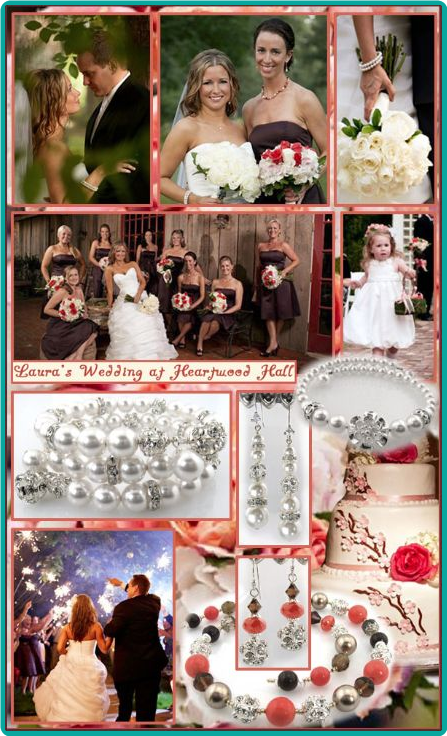Rhinestone-studded bride and bridesmaid jewelry in white, peach, coral and brown