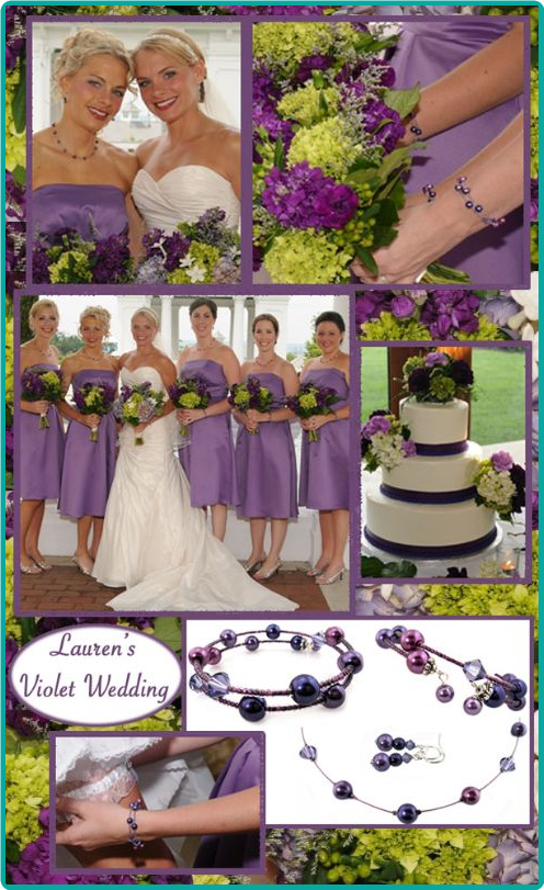 Custom floating pearls bridesmaid jewelry in hydrangea purple, violet  violet, and lilac