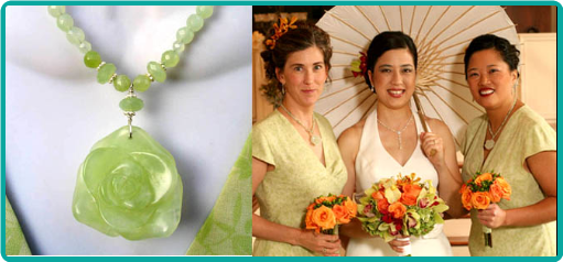 Beautiful light lime serpentine jade gemstone necklaces were custom-made to match the bridesmaid dresses perfectly.