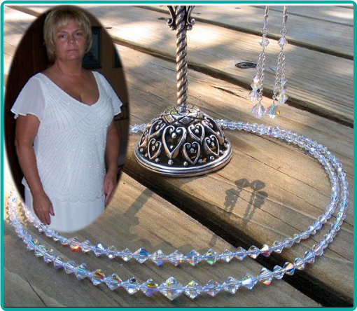 Mother of the bride custom jewelry included a dazzling double strand crystal necklace, and double-drop crystal earrings.