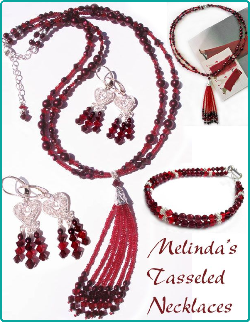 Custom cranberry jewelry for the bridesmaids included a tasseled necklace, double-strand bracelet and chandelier earrings.