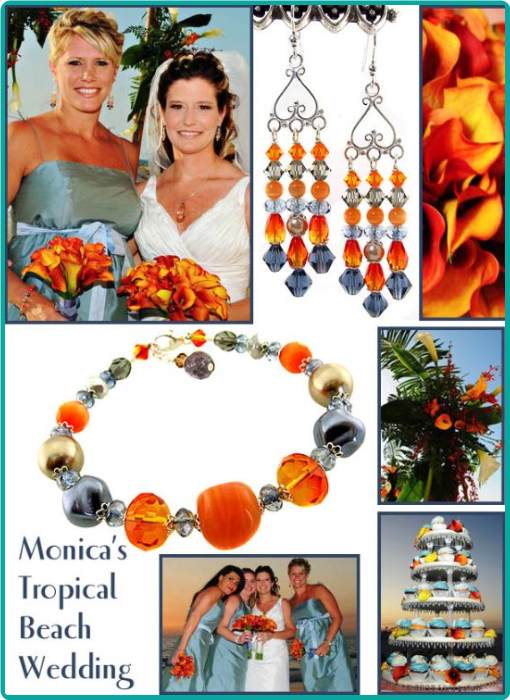 "Sand and sea" bridesmaid bracelet and chandelier earrings in glowing orange and blue to match the Florida sunset