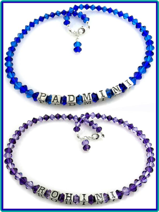 Custom made sapphire and purple crystal name necklaces