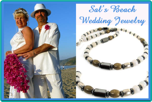 A custom necklace for the groom to wear at his beach wedding was made of sandy colored Botswana agate, hematite and brass.
