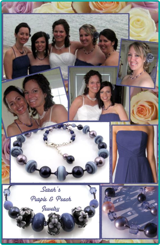Custom designed purple lampwork and peach pearls bridesmaid necklaces