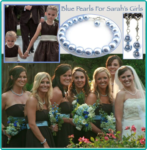 Light blue pearl necklaces custom made to match the bridesmaids' chocolate brown and blue dresses