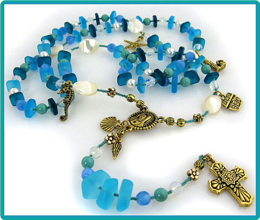 A gorgeous custom made rosary in colors and symbols of the sea